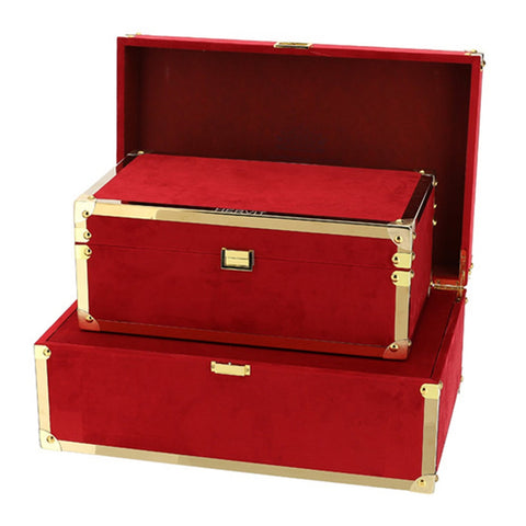 HERVIT Lot de 2 coffres paire de malles containers en bois et velours rouge et or