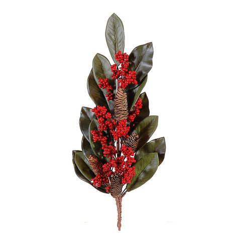VETUR Decorazione natalizia ramo con foglie verdi e bacche rosse 64 cm