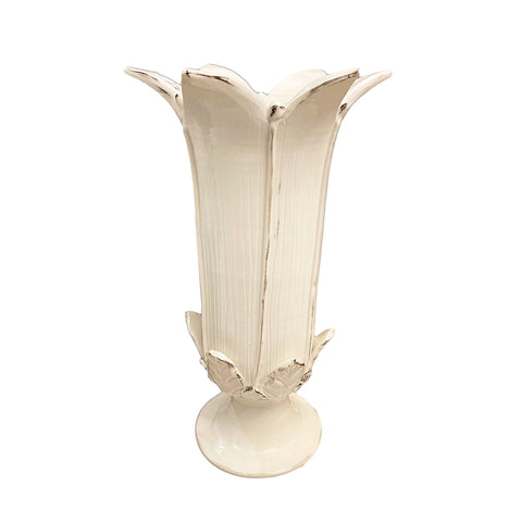 VIRGINIA CASA Vase Shabby Chic sur pied PETALO céramique blanche antique H50 cm