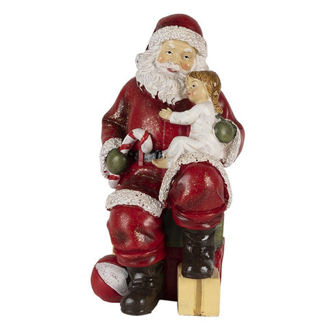 CLAYRE E EEF Père Noël avec enfant et cadeaux figurine effet bois 9x9x18 cm