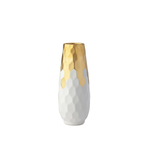 HERVIT Vase en grès cérame hexagones blancs et dorés 30 cm 27947