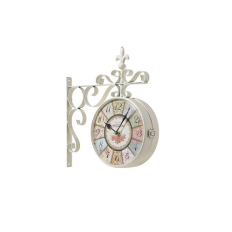 L'arte di Nacchi Ivory train station wall clock with metal lily and roses, vintage Shabby Chic