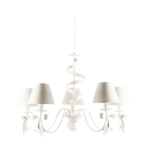 BRULAMP Lustre 5 lumières avec abat-jour décoré de noeuds en métal blanc Ø75 H55 cm