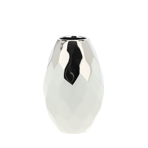 HERVIT Vase de table en grès blanc et argenté effet martelé 13x21 cm