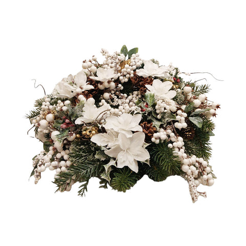 FIORI DI LENA Centrotavola pino natalizio bianco/verde con decori, rose e ortensie Ø42