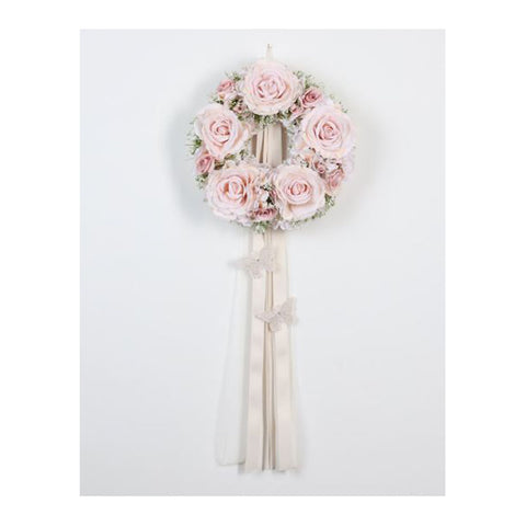 FIORI DI LENA Garland with 5 roses, roses, hydrangeas and butterfly applications in lace and rhinestones on ribbons to hang 100% made in Italy H 85 cm