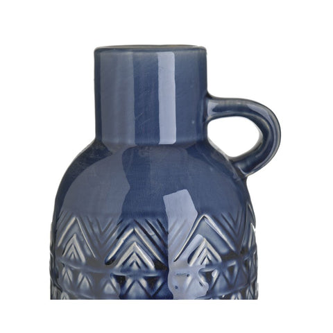 INART Vaso decorativo per piante o fiori da interno blu lucido in ceramica effetto anticato con ornamenti, moderno / Vintage