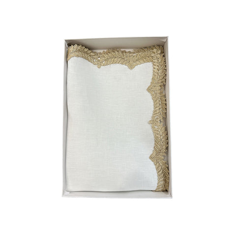 FIORI DI LENA Centrotavola runner da tavola in lino bianco con trinetta oro 100% made in italy H 115x35 cm