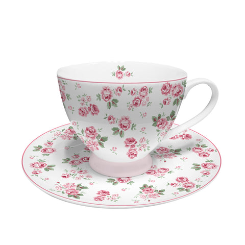 ISABELLE ROSE Porcelain cup and saucer LUCY white porcelain with pink flowers