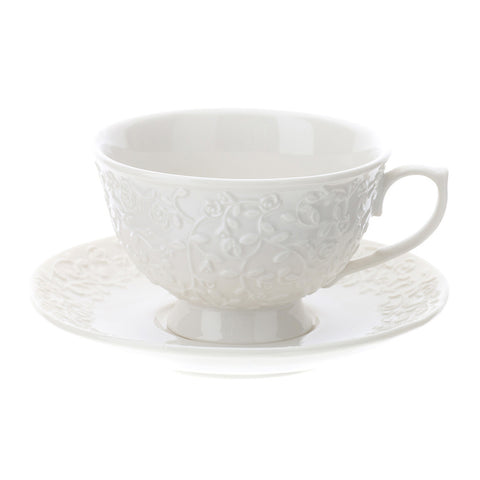 HERVIT Tazza da tè e piattino in porcellana bianca con decoro in rilievo Romance