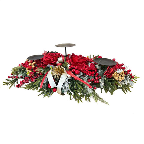 FIORI DI LENA Centre de table de Noël avec 3 flammes, roses veloutées et nœuds de ruban rouge L65 cm