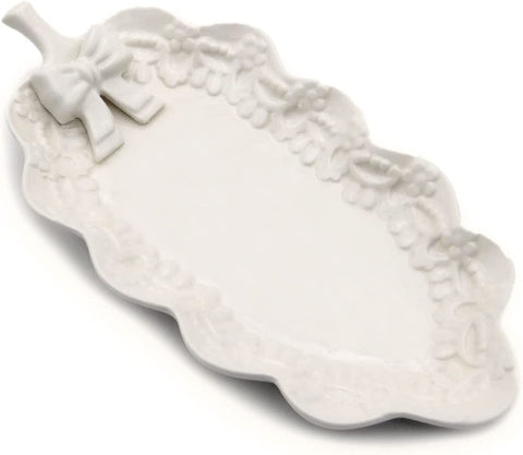COCCOLE DI CASA Tray Leaf-shaped kitchen tray with white ceramic bow Flower Shabby Chic 14,5x27x3 cm