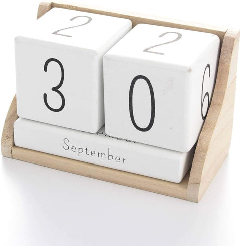 Boltze Black/white perpetual desk calendar with wooden base and months in English, vintage Shabby Chic 14x7x9cm