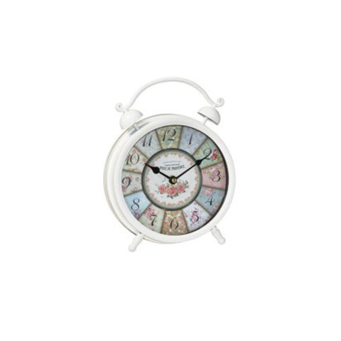 L'arte di Nacchi White metal table clock with roses, with hook to hang it on the wall, Vintage Shabby Chic 2 variants
