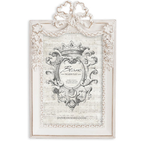BLANC MARICLO' White rectangular photo frame in aged effect resin with bow and flowers