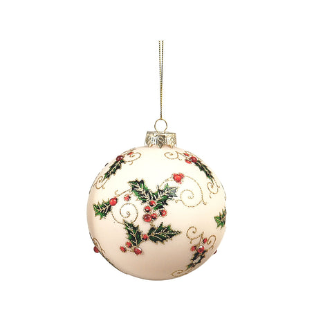 VETUR Decorazione natalizia pallina in vetro bianco avorio con agrifoglio 10 cm
