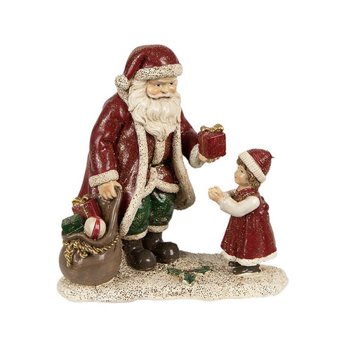 Clayre &amp; Eef Santa Claus with girl and gifts in polyresin 14x9xh14 cm