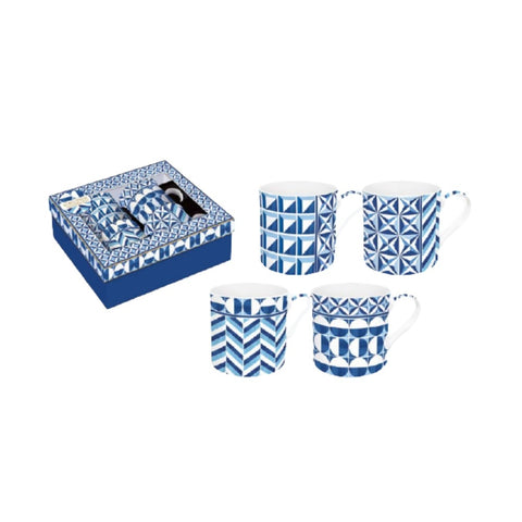EASY LIFE Set 4 mugs en porcelaine fine dans coffret cadeau GEOMETRIC BLUE 300 ml