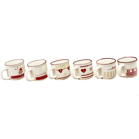 FABRIC CLOUDS Set 6 tasses à café de Noël blanches avec décorations rouges 100 ml