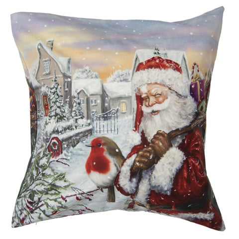 Clayre &amp; Eef Housse de coussin de Noël blanc avec carré Père Noël en polyester 45x45 cm