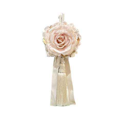 FIORI DI LENA Pompon ivoire à suspendre avec nœud rose plumes d'hortensia et eucalyptus doré 100% Made in Italy 19x32 cm