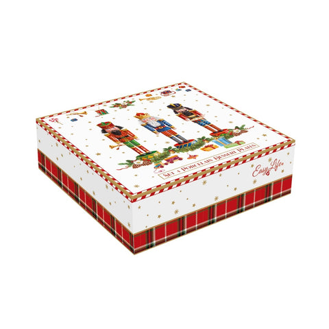 EASY LIFE Set 4 assiettes de Noël en porcelaine avec casse-noisette rouge et blanc 16cm