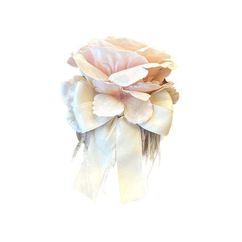 FIORI DI LENA Pouf in antique pink silk with pink hydrangea feathers and gold eucalyptus ELEGANCE made in Italy Ø 11 cm