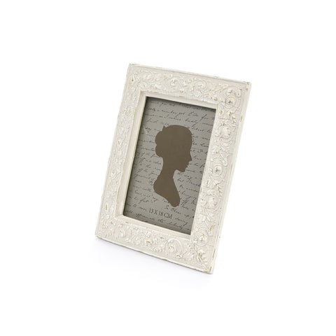 NUVOLE DI STOFFA Cornice portafoto con fiori in rilievo, rettangolare in resina Shabby Chic effetto anticato Annette foto: 13x18 cm