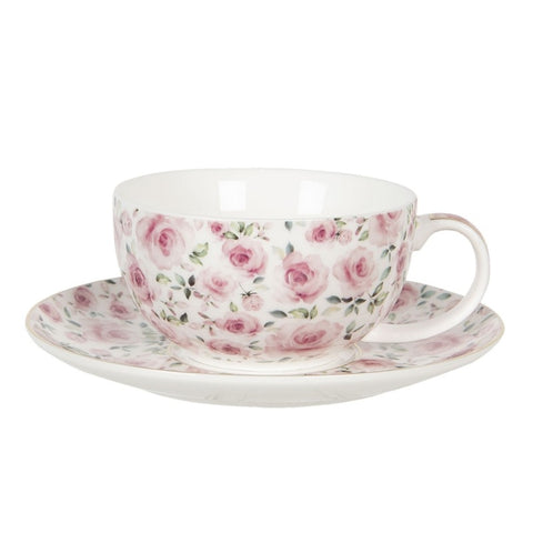 CLAYRE & EEF Set tazza teiera con piattino in porcellana con fiori rosa 16x10x14