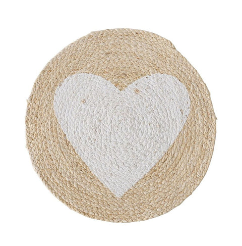 Boltze Set of two round placemats with white heart in Maisblatt, natural materials in Scandinavian style "Darya" D38 cm