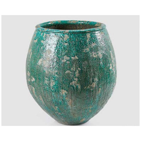 EDG Enzo de Gasperi Green indoor rounded vase, ceramic plant holder, "Fenice" flower vase with vintage antiqued effect h51x46 cm
