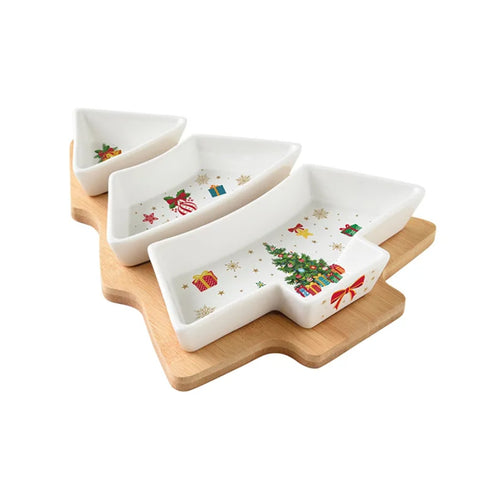 EASY LIFE Aperitif set 3 Christmas porcelain bowls and bamboo tray 25.5x21 cm