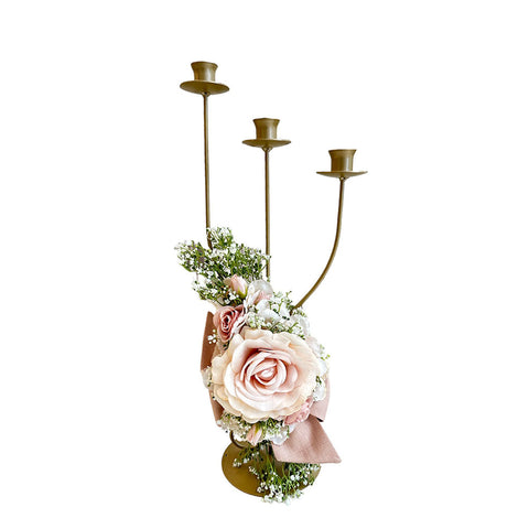FIORI DI LENA Tall candlestick 3 flames decoration with pink bow in linen and rose 100% made in Italy H 51.5 cm