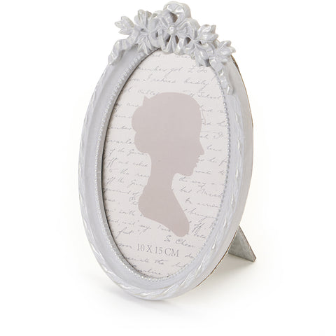 TISSU NUAGES Tableau cadre photo avec fleur en relief, ovale en résine grise, Shabby Chic effet antique Belle Epoque Photo : 10x15 cm