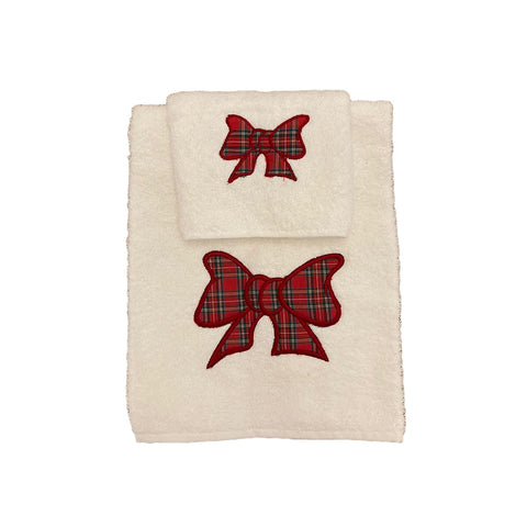 BLANC MARICLO' Set spugna 2 asciugamani con fiocco tartan cotone bianco