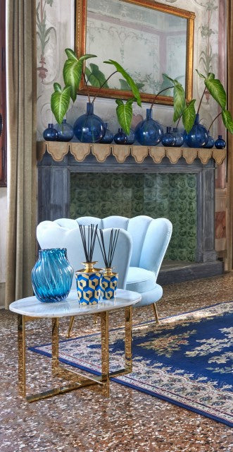 EDG Enzo de Gasperi Vase d'intérieur côtelé avec col en verre poli bleu, porte-fleurs ou plantes, style moderne