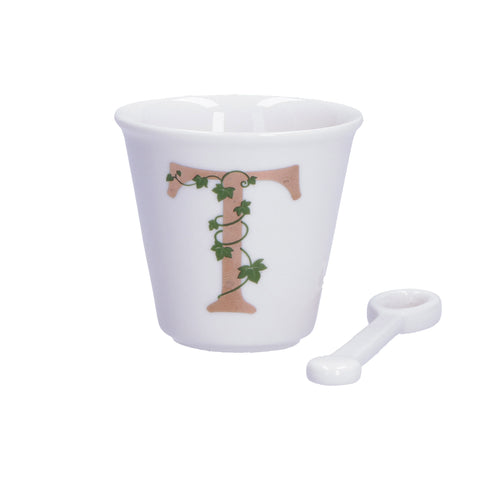 WHITE PORCELAIN Set coffee cup + pink T initial spoon 75 cc