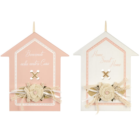 NUVOLE DI STOFFA Fuori porta casa con dedica 2 varianti fiori rosa 28x29x2 cm