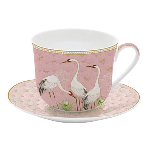 EASY LIFE Set 2 tea cups with saucer DANCING HERONS pink porcelain 240 ml