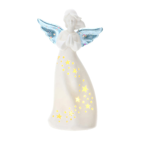 HERVIT Porcelain angel figurine with blue wings and led light H18 cm