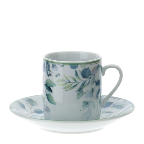 HERVIT Set of six coffee cups and saucers in porcelain with floral decoration