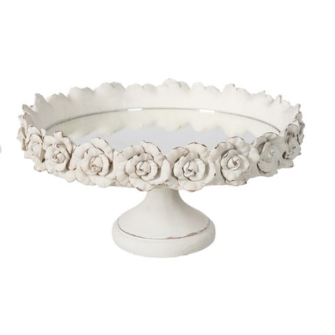 COCCOLE DI CASA Round cream kitchen centerpiece stand with polyresin mirror decorated with antique effect roses, Shabby Chic vintage D34xH18 cm