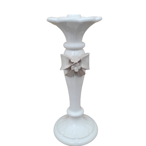 NALI' White Capodimonte porcelain candlestick with beige bow 30cm LF28BEIGE