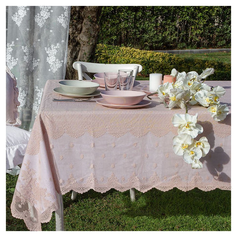 L'ATELIER 17 Rectangular kitchen tablecloth in 100% lace with embroidered flowers, Shabby Chic "Sunset" 160x280 cm 3 variants