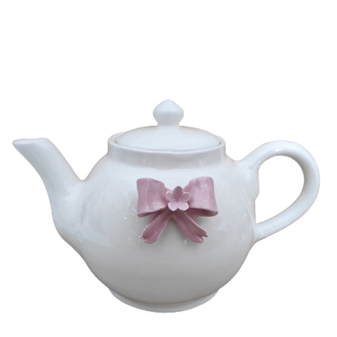 NALI' White Capodimonte porcelain teapot with pink bow 25x17cm LF34ROSA