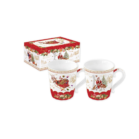 EASY LIFE Set 2 Christmas mugs Fine China porcelain red gift box 340ml