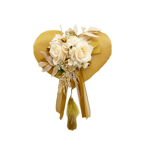MATA CREATIONS Coeur à suspendre avec pompon décoration florale or et ivoire 42x29cm