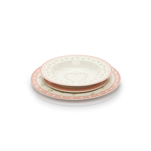 TISSU NUAGES Service 18 assiettes ANNETTE 6 couverts porcelaine blanche fleurs roses