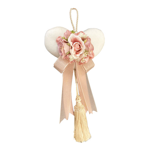 MATA CREATIONS Coeur à suspendre avec pompon décor floral blanc et rose H33 cm
