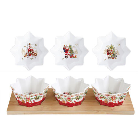 EASY LIFE Aperitif set 3 Christmas bowls in porcelain and bamboo base 10.5 x 9 cm